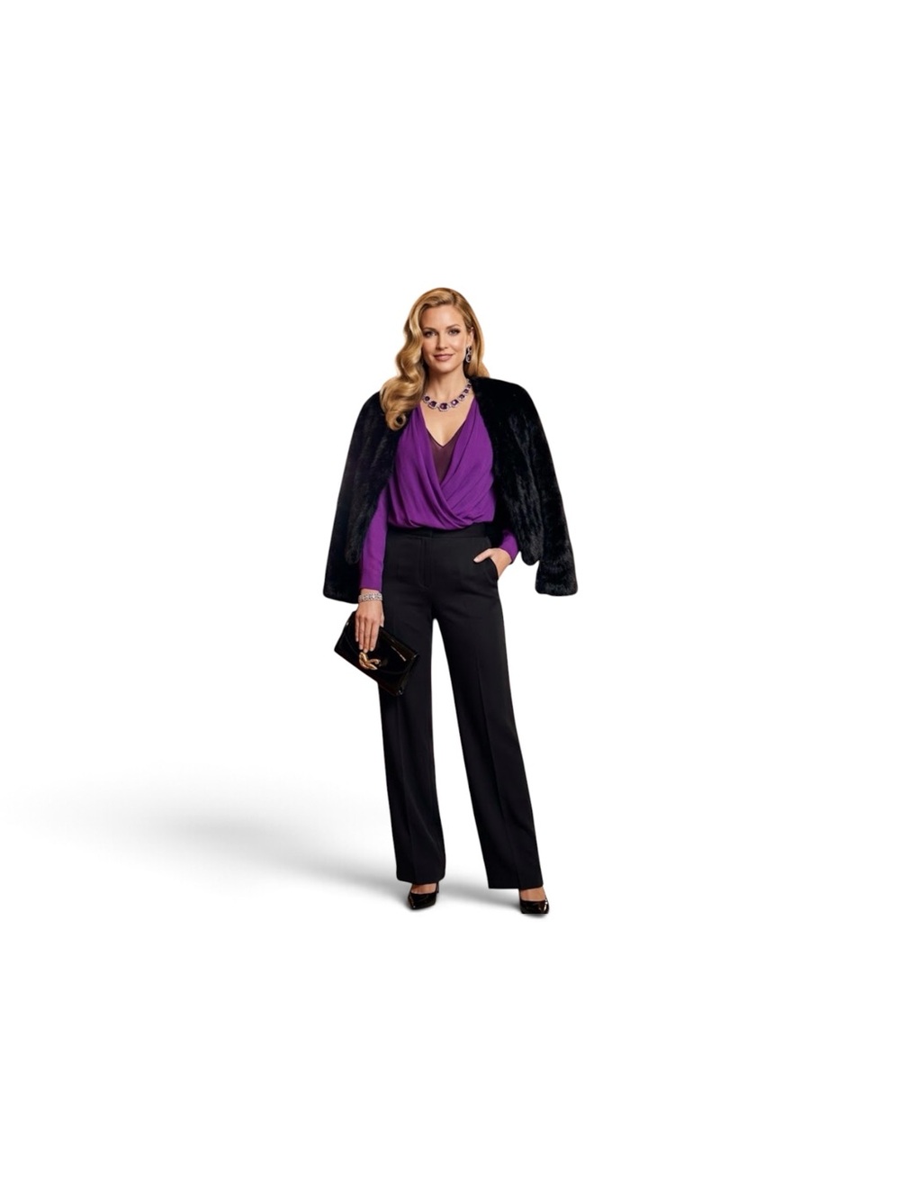 Purple Draped Wrap-Front Long-Sleeve Women's Top